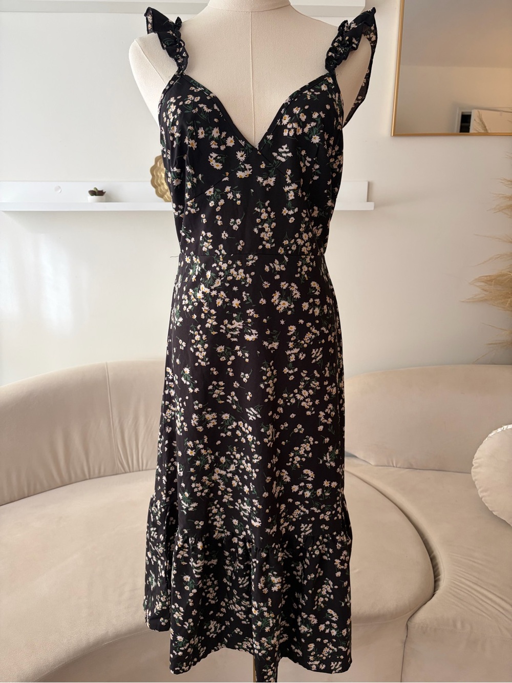 SHEIN Black Floral Midi Dress with Ruffled Straps